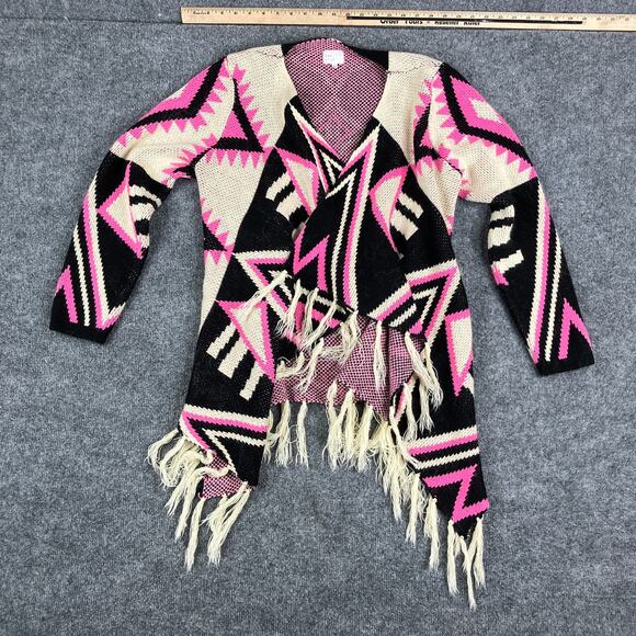 Dee Elly Sweater Womens S Tribal Fringe Cardigan Aztec Boho Knit Open Front - Picture 1 of 8